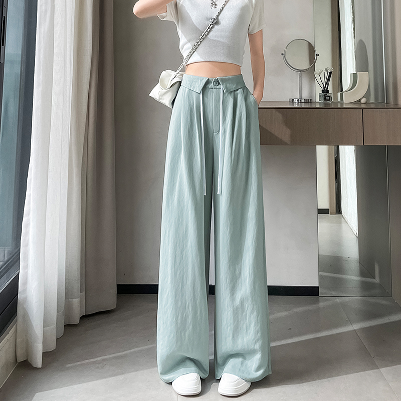 夏季天絲棉闊腿褲女抽繩系帶高腰直筒休閑褲韓版慵懶寬松垂感長褲