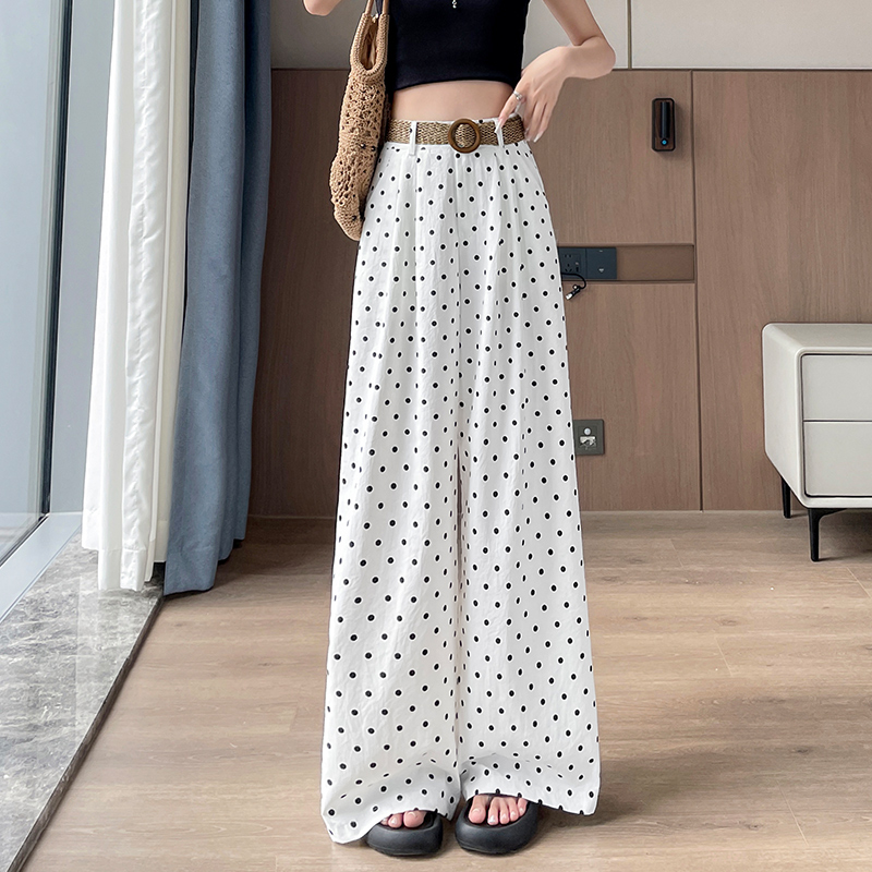 防曬冰絲波點闊腿褲女夏季薄款直筒山本褲松緊后腰顯瘦垂感休閑褲