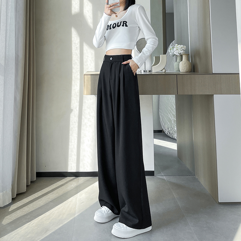 高腰西裝闊腿褲女春夏新款窄版休閑直筒褲寬松慵懶黑色垂墜感褲子