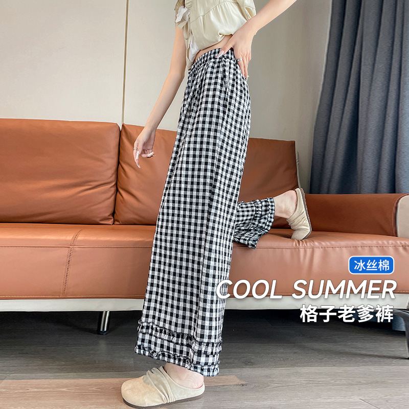 格子木耳邊拼接闊腿褲女夏季時尚百搭休閑直筒褲小個子冰絲九分褲