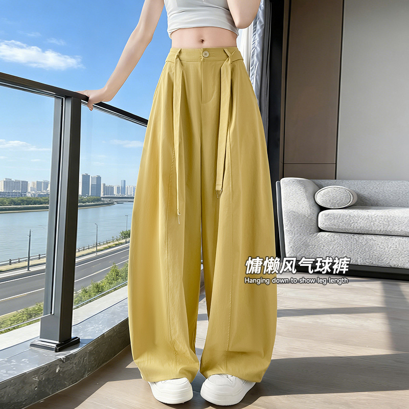 冰絲棉彎刀褲女夏季新款高腰寬松直筒闊腿褲薄款慵懶風休閑氣球褲
