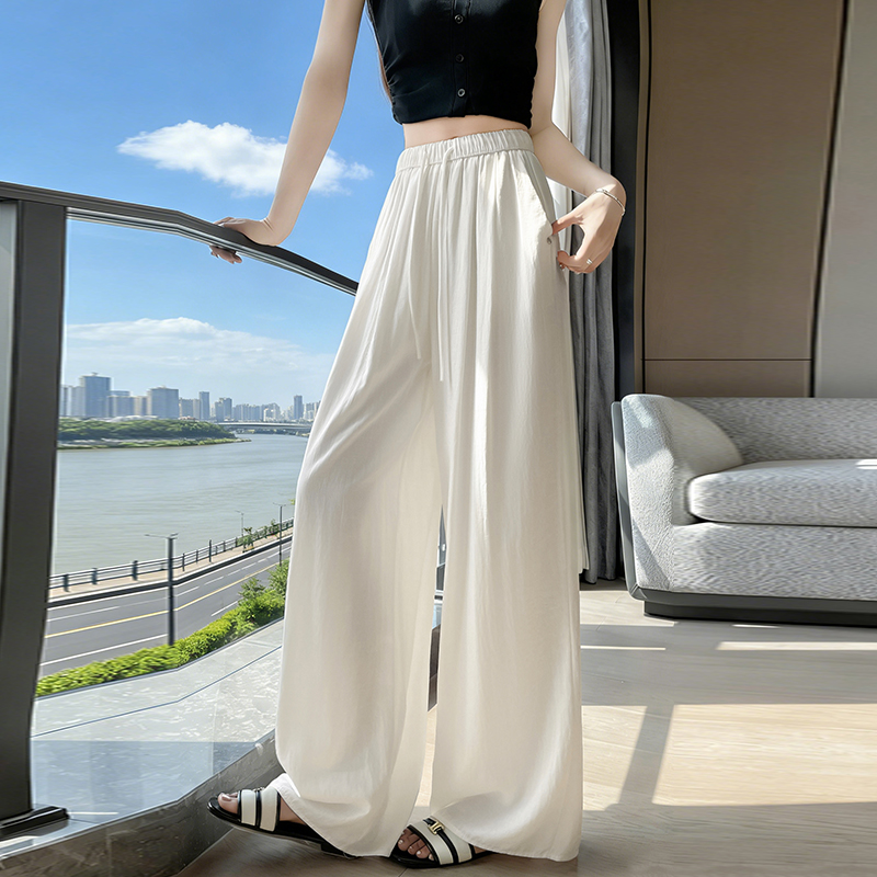 冰絲休閑闊腿褲女夏季薄款透氣涼感棉麻直筒褲寬松慵懶垂感空調褲