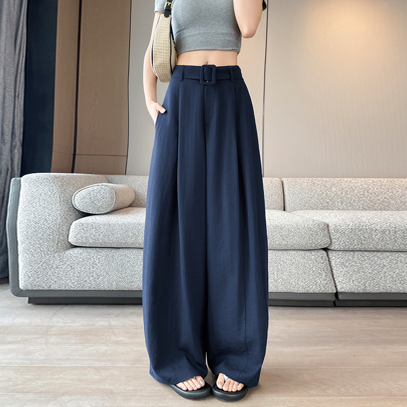 藏青色闊腿彎刀褲女夏季防曬冰絲棉麻氣球褲垂感慵懶老錢風休閑褲