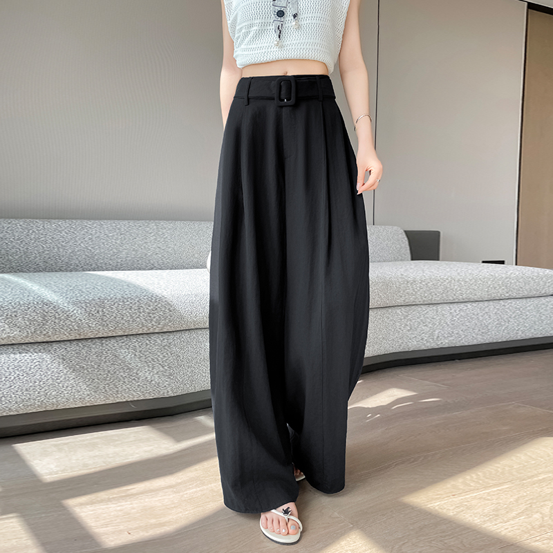 藏青色闊腿彎刀褲女夏季防曬冰絲棉麻氣球褲垂感慵懶老錢風休閑褲