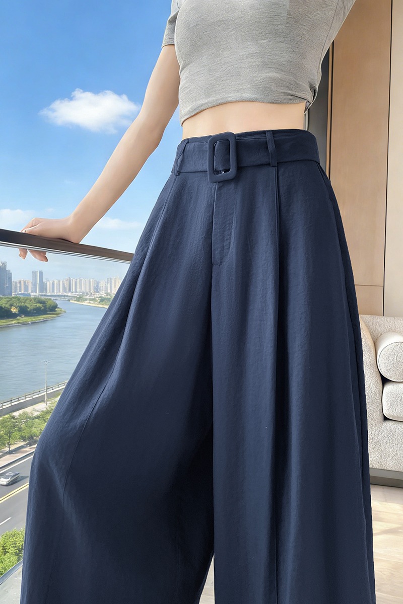 藏青色闊腿彎刀褲女夏季防曬冰絲棉麻氣球褲垂感慵懶老錢風休閑褲
