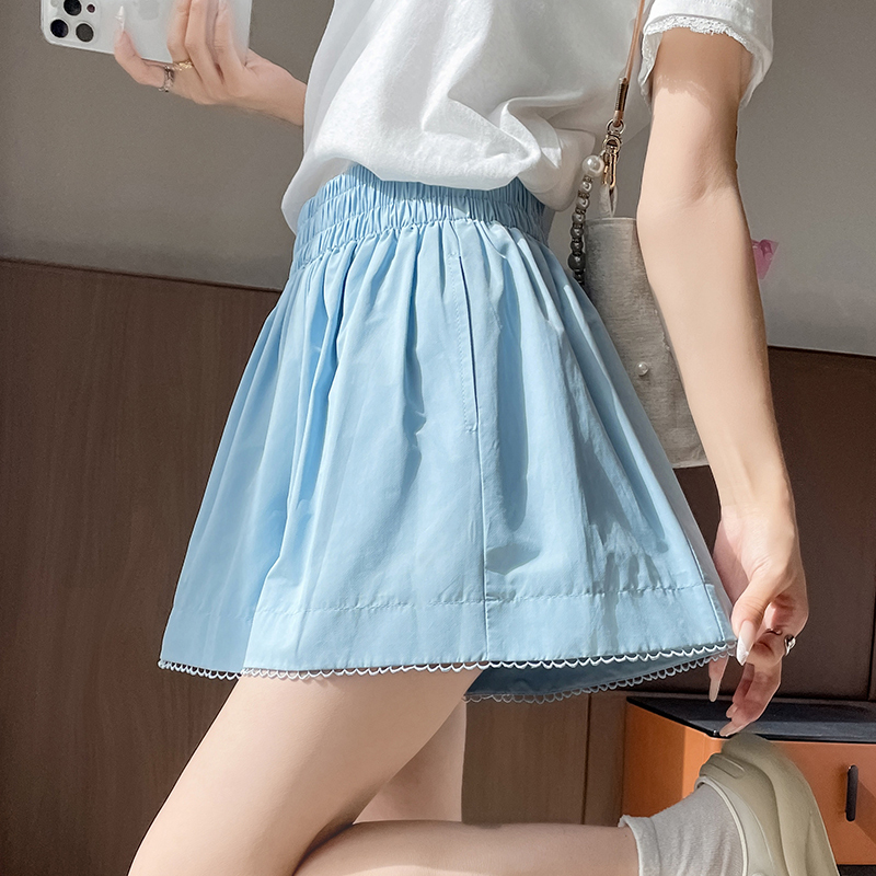 鏤空蕾絲花邊闊腿短褲女夏季新款松緊腰顯瘦外穿休閑花苞a字熱褲