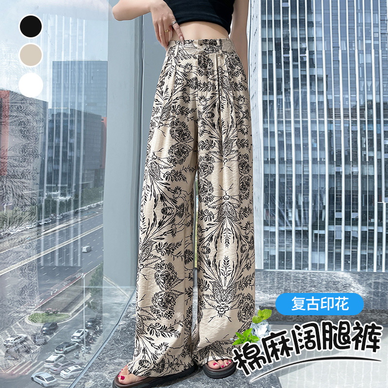 復古棉麻扎染提花闊腿褲女夏季薄款寬松慵懶松弛感印花直筒拖地褲