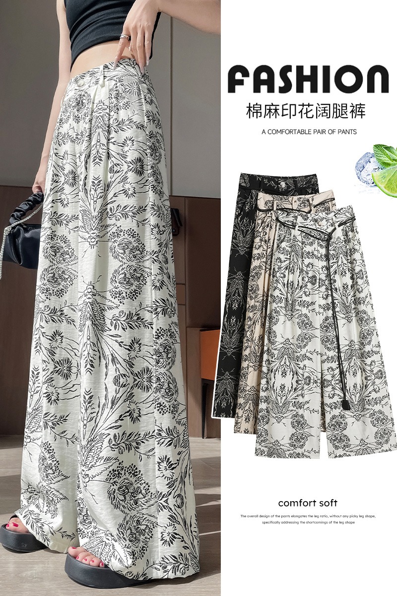 復古棉麻扎染提花闊腿褲女夏季薄款寬松慵懶松弛感印花直筒拖地褲