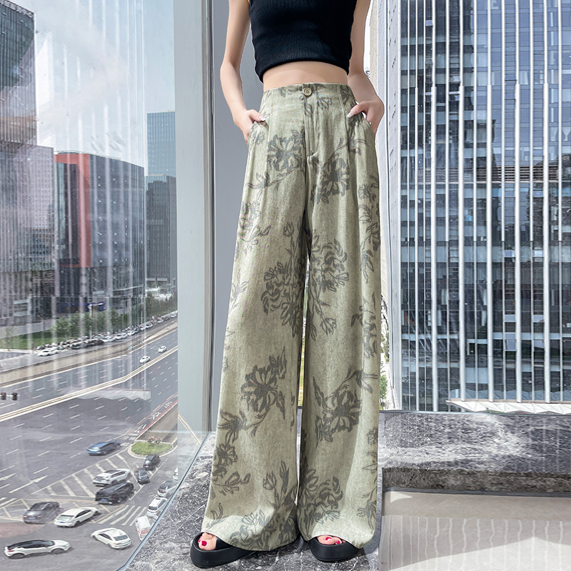 復古扎染印花闊腿褲女2026夏季新款高腰寬松垂感休閑直筒棉麻長褲