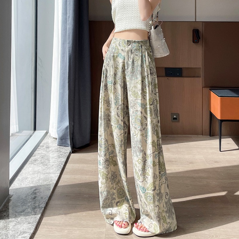 復古扎染印花闊腿褲女2026夏季新款高腰寬松垂感休閑直筒棉麻長褲