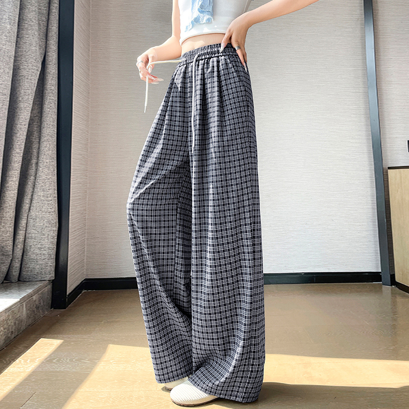 夏季慵懶風撞色格子闊腿褲女2026新款高腰顯瘦寬松韓系休閑直筒褲