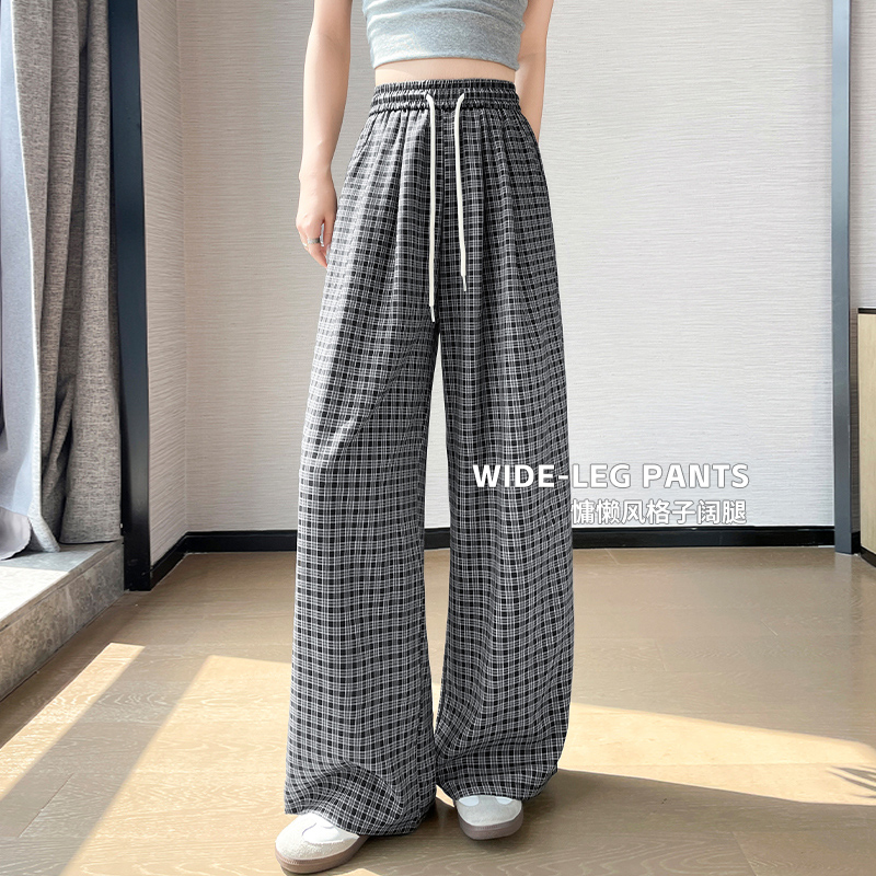 夏季慵懶風撞色格子闊腿褲女2026新款高腰顯瘦寬松韓系休閑直筒褲