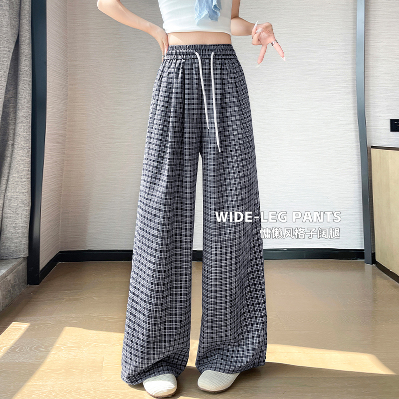 夏季慵懶風撞色格子闊腿褲女2026新款高腰顯瘦寬松韓系休閑直筒褲
