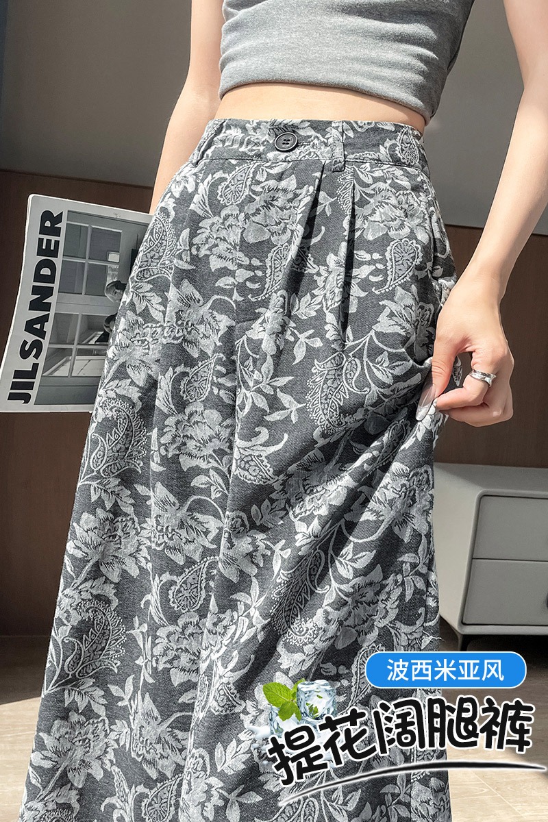 波西米亞風提花闊腿褲女夏季2026新款高腰寬松亞麻拖地印花休閑褲