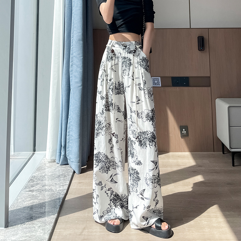 復古棉麻印花闊腿褲女2026夏季新款后松緊腰慵懶寬松休閑冰絲褲子