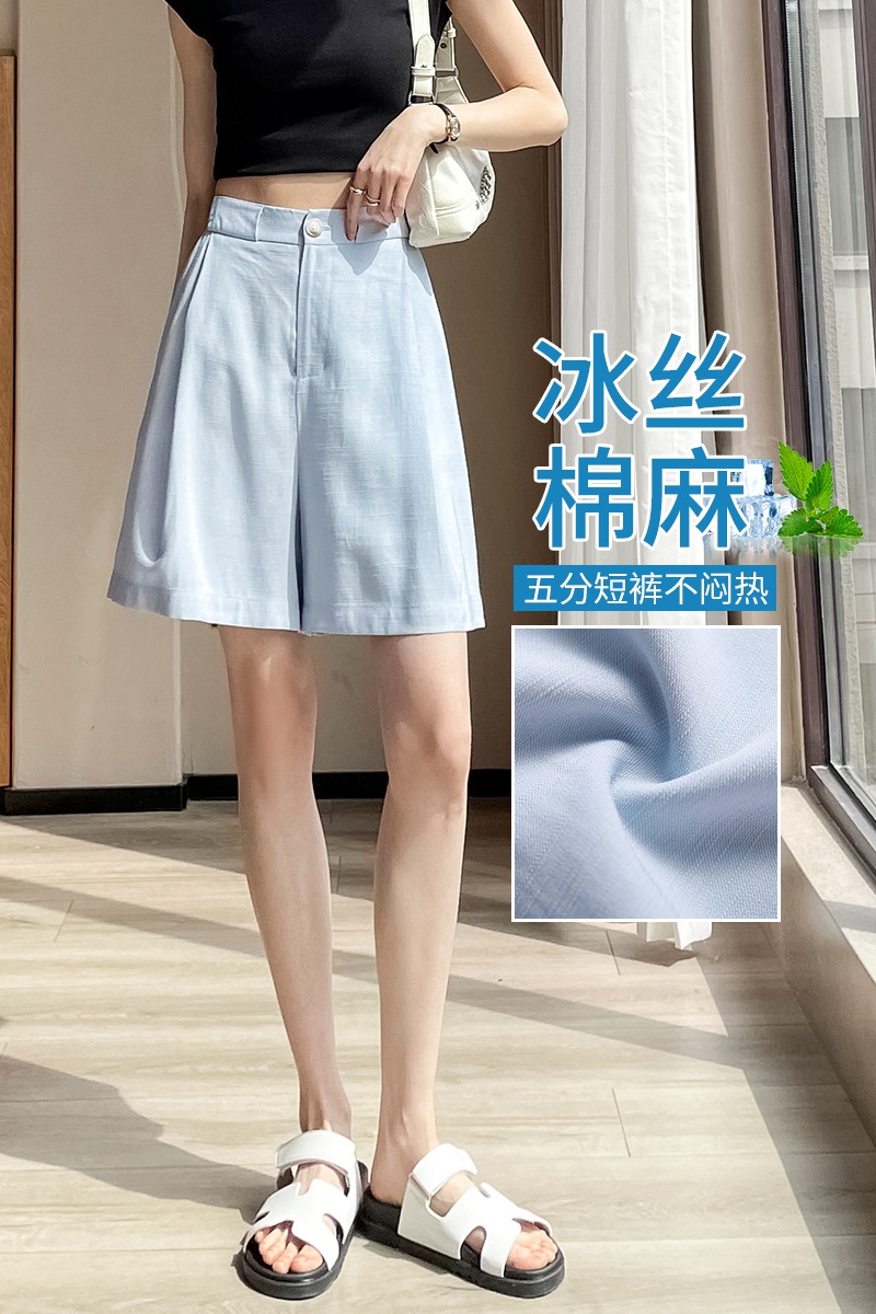 冰絲棉麻休閑短褲女夏季新款小個子直筒西裝褲A字闊腿亞麻五分褲