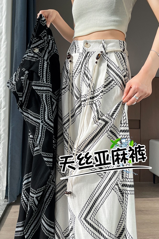 復古幾何印花亞麻闊腿褲女夏季新款高腰慵懶老錢風休閑拖地長褲子