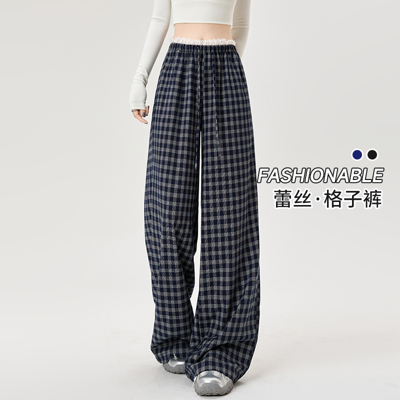 蕾絲花邊拼接格子褲女2026夏季新款復古慵懶風抽繩直筒闊腿休閑褲