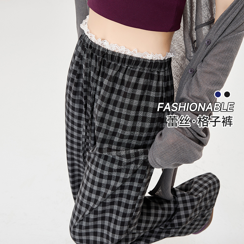 蕾絲花邊拼接格子褲女2026夏季新款復古慵懶風抽繩直筒闊腿休閑褲