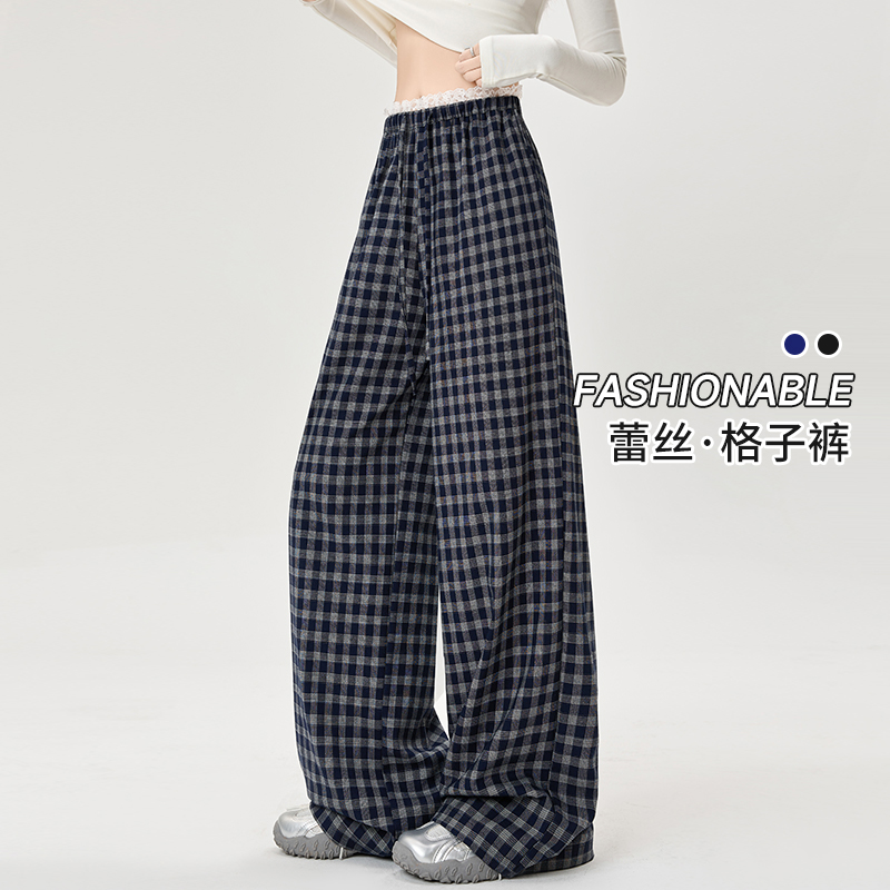 蕾絲花邊拼接格子褲女2026夏季新款復古慵懶風抽繩直筒闊腿休閑褲