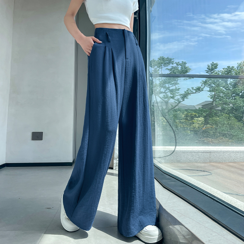 藏藍色棉麻闊腿褲女2026年夏季新款高腰休閑直筒慵懶松弛感西裝褲