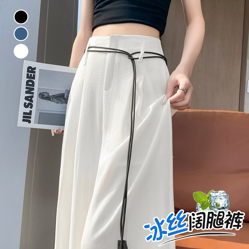 藏藍色棉麻闊腿褲女2026年夏季新款高腰休閑直筒慵懶松弛感西裝褲