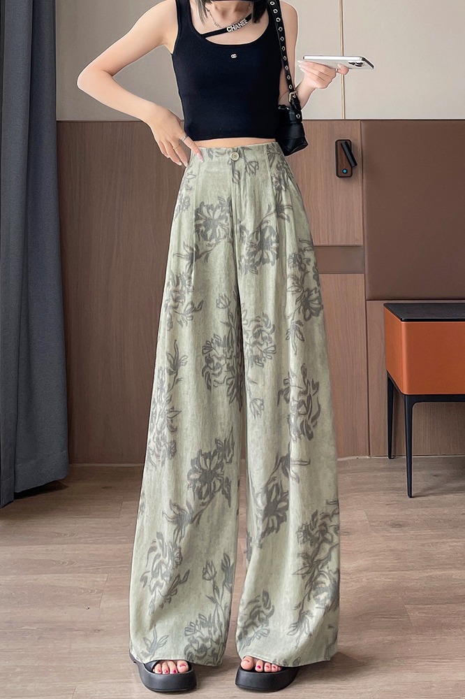 印花設計感休閑闊腿褲女2026夏季新款高腰寬松垂感直筒棉麻長褲子