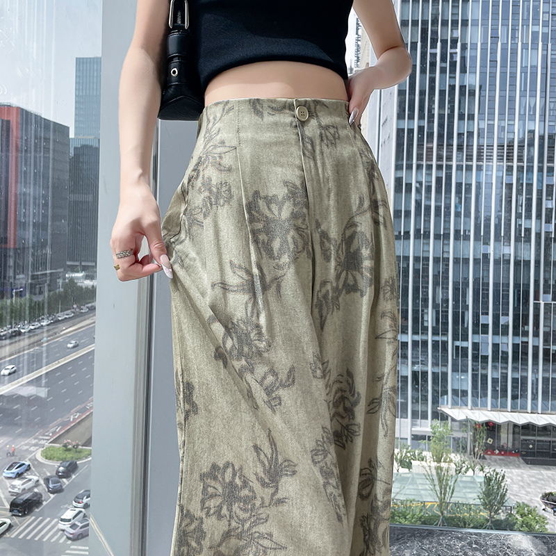 印花設計感休閑闊腿褲女2026夏季新款高腰寬松垂感直筒棉麻長褲子