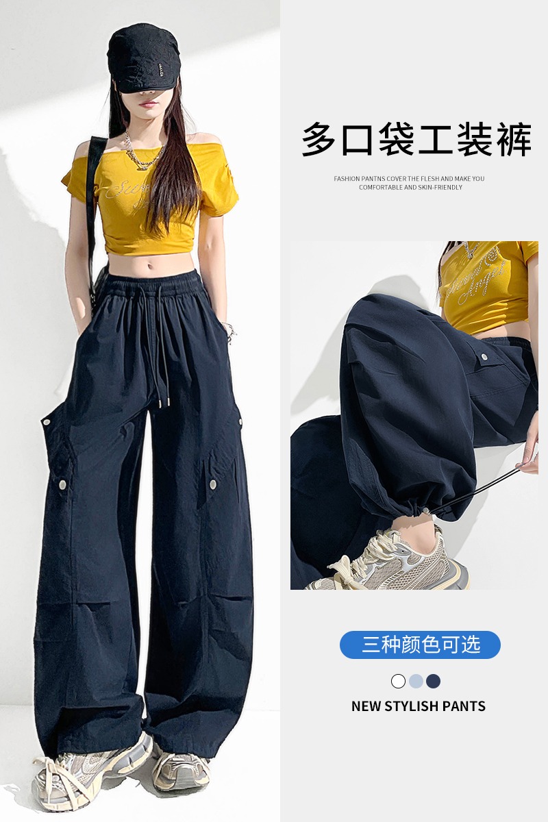 藏青色休閑工裝褲女夏季新款兩穿設計感寬松垂墜感彎刀闊腿褲