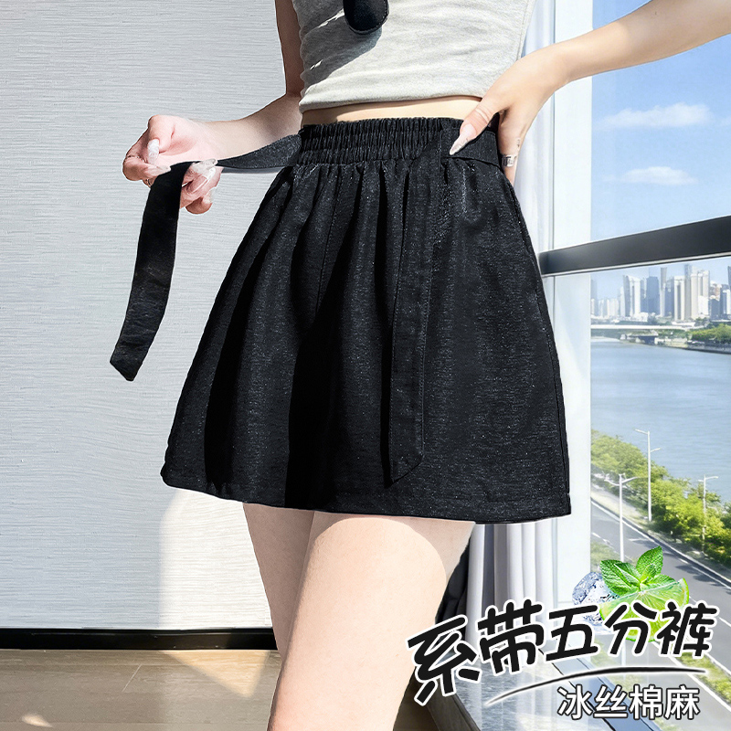 冰絲闊腿短褲女夏季薄款松緊系帶高腰休閑褲小個子棉麻山本五分褲
