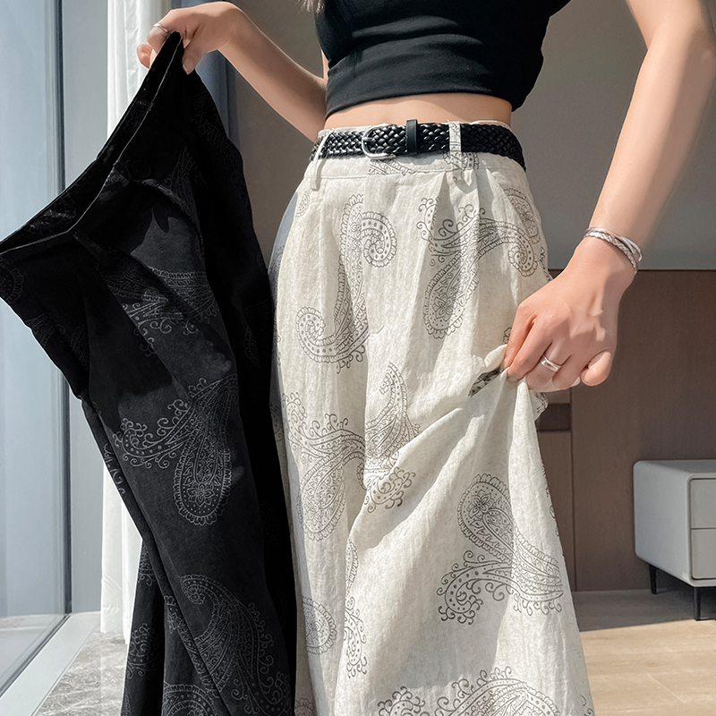 復古腰果印花亞麻休閑褲女夏季新款高腰垂感顯瘦百搭老錢風闊腿褲