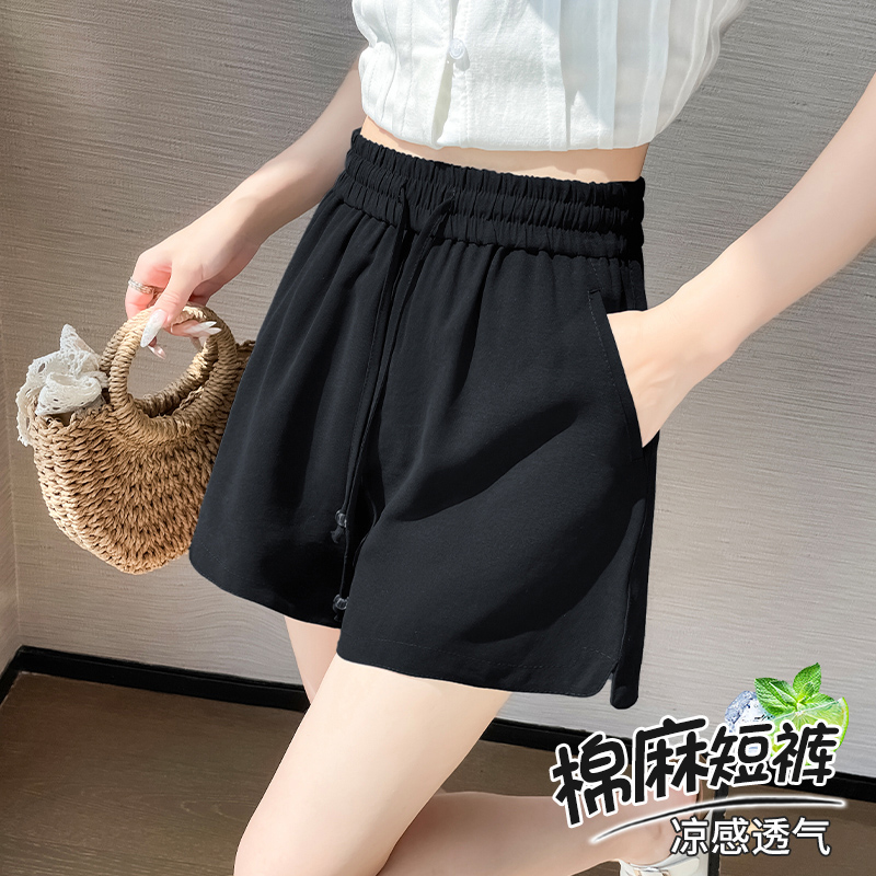 冰絲棉麻高腰短褲女夏季新款休閑外穿闊腿褲小開叉設計運動三分褲