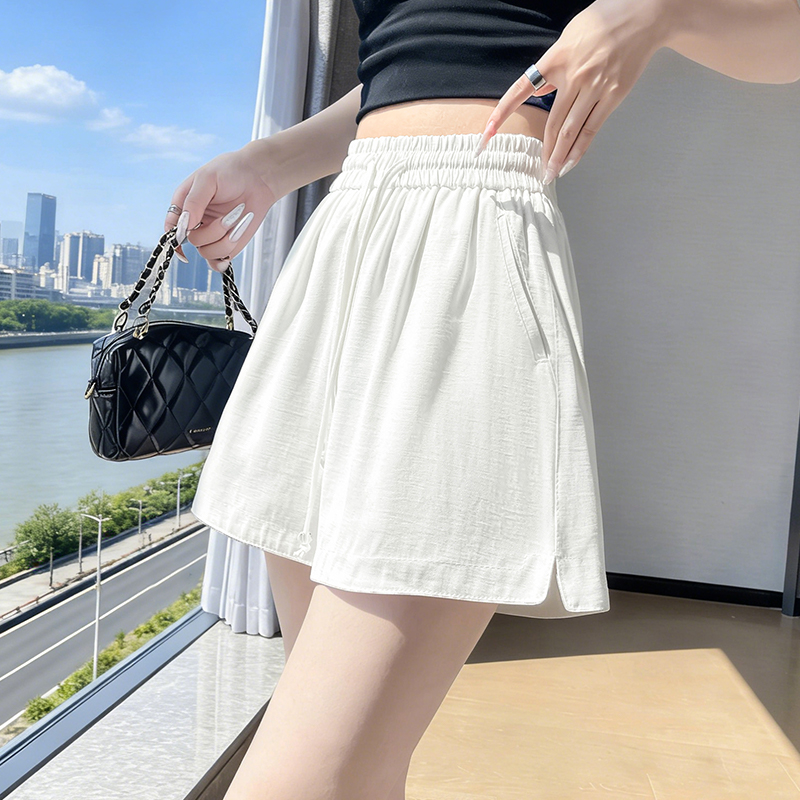 冰絲棉麻高腰短褲女夏季新款休閑外穿闊腿褲小開叉設計運動三分褲