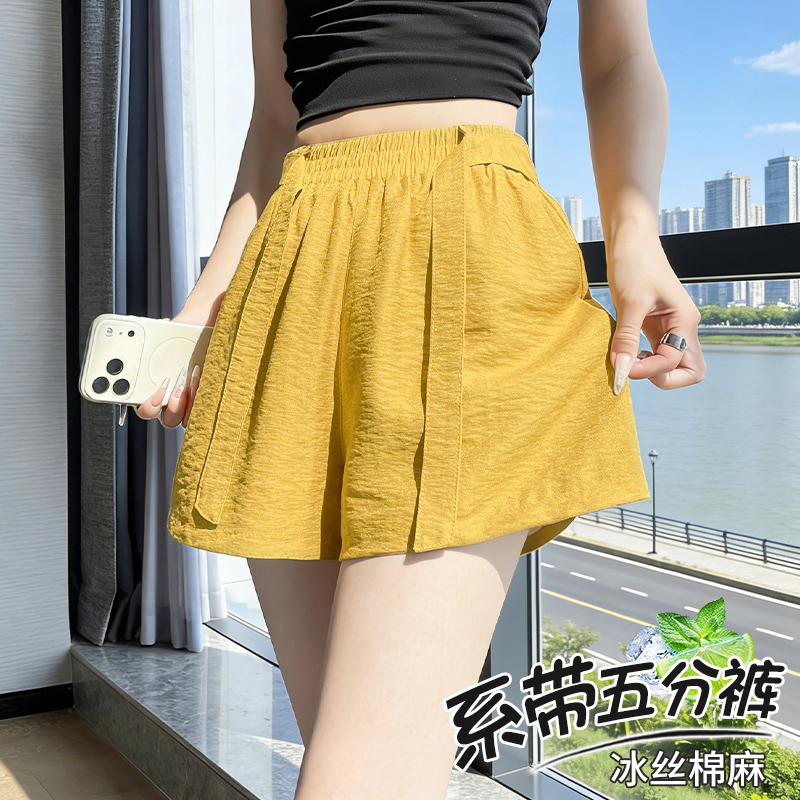 冰絲闊腿短褲女夏季薄款松緊系帶高腰休閑褲肌理感棉麻山本五分褲