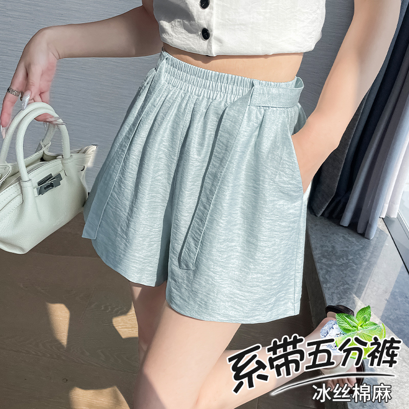 冰絲闊腿短褲女夏季薄款松緊系帶高腰休閑褲肌理感棉麻山本五分褲