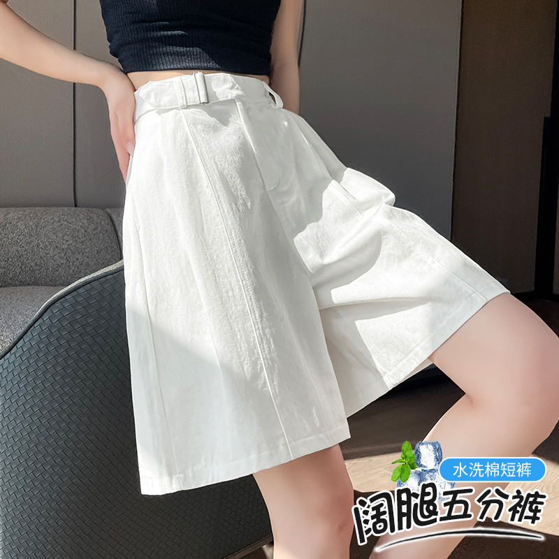 水洗棉西裝短褲女夏季新款設計感高腰休閑褲小個子寬松闊腿五分褲
