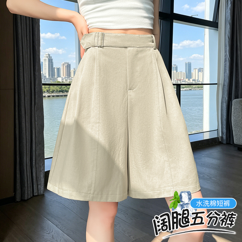 水洗棉西裝短褲女夏季新款設計感高腰休閑褲小個子寬松闊腿五分褲