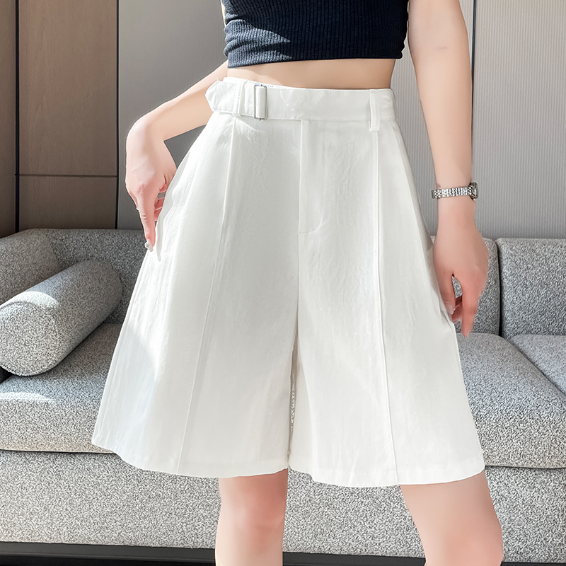 水洗棉西裝短褲女夏季新款設計感高腰休閑褲小個子寬松闊腿五分褲