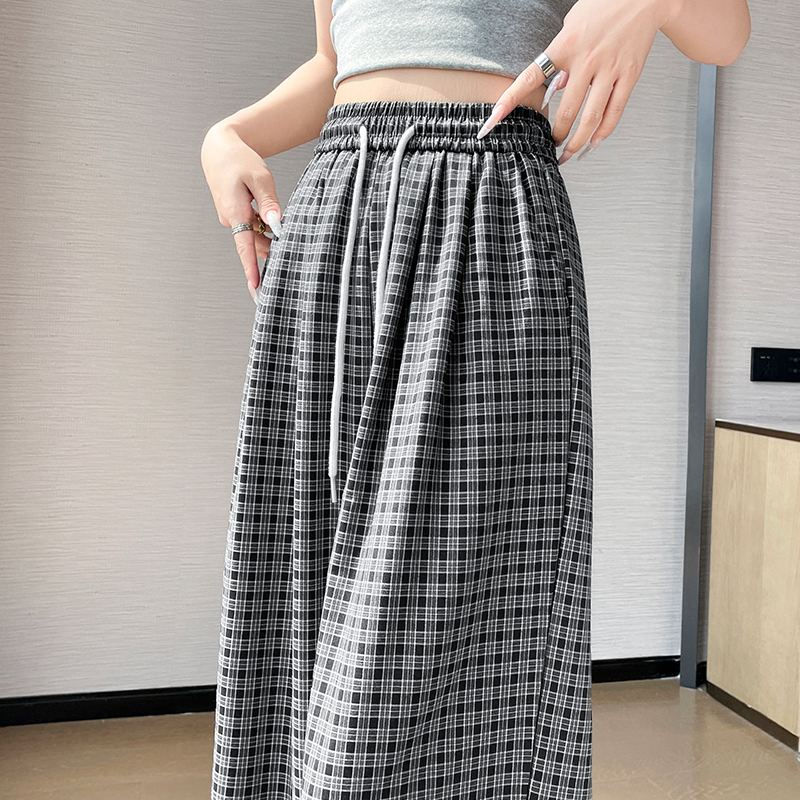 韓版撞色格紋休閑褲女夏季高腰系繩直筒褲慵懶風松弛感格子闊腿褲
