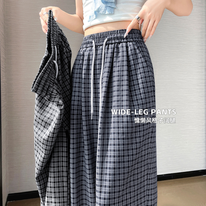 韓版撞色格紋休閑褲女夏季高腰系繩直筒褲慵懶風松弛感格子闊腿褲
