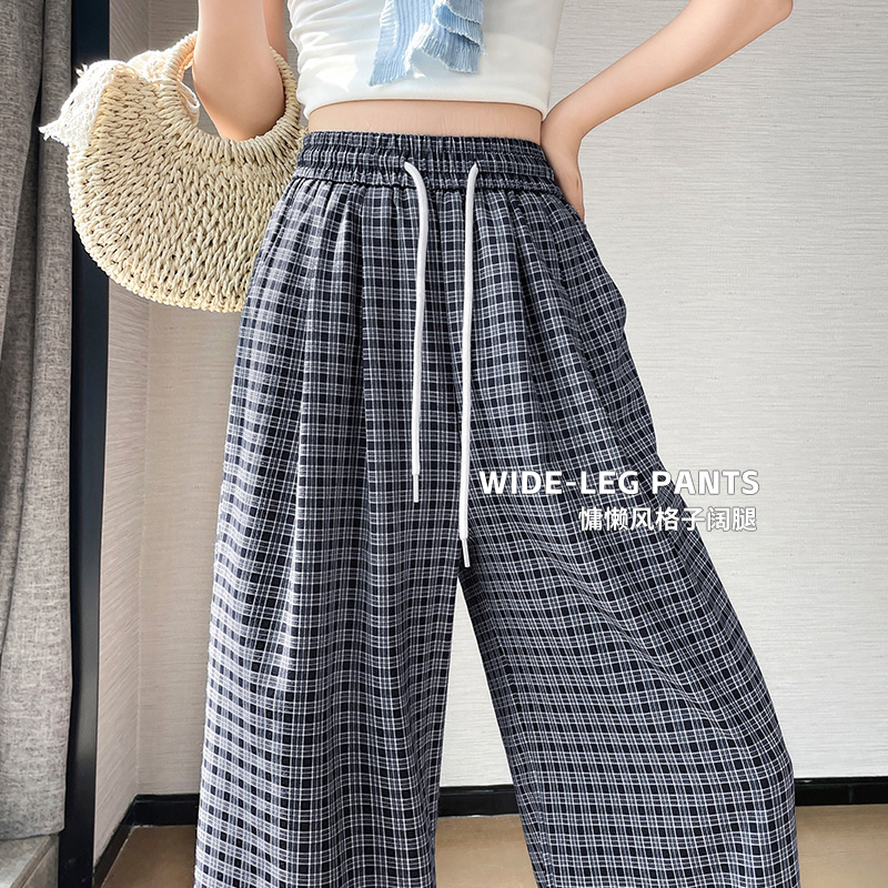韓版撞色格紋休閑褲女夏季高腰系繩直筒褲慵懶風松弛感格子闊腿褲