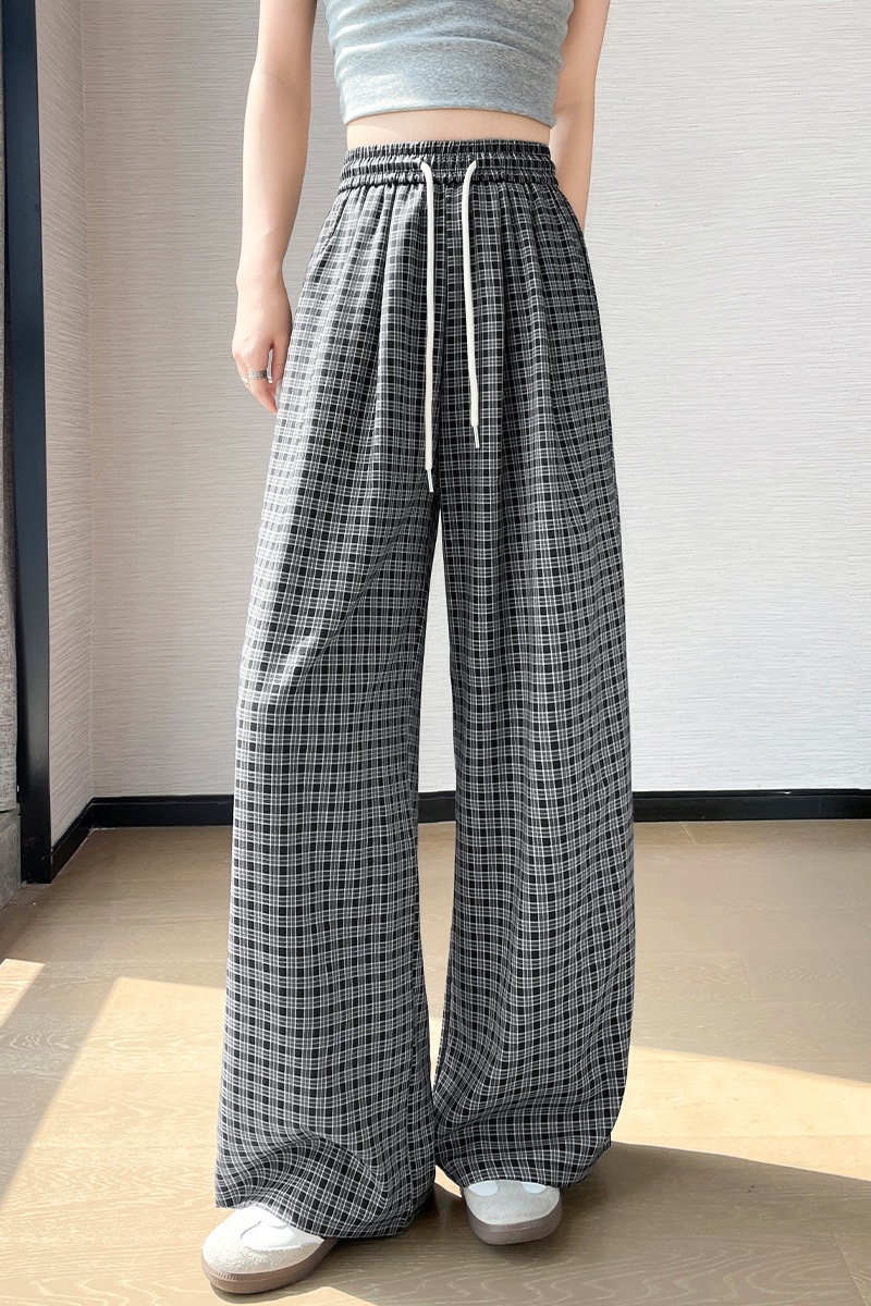 韓版撞色格紋休閑褲女夏季高腰系繩直筒褲慵懶風松弛感格子闊腿褲