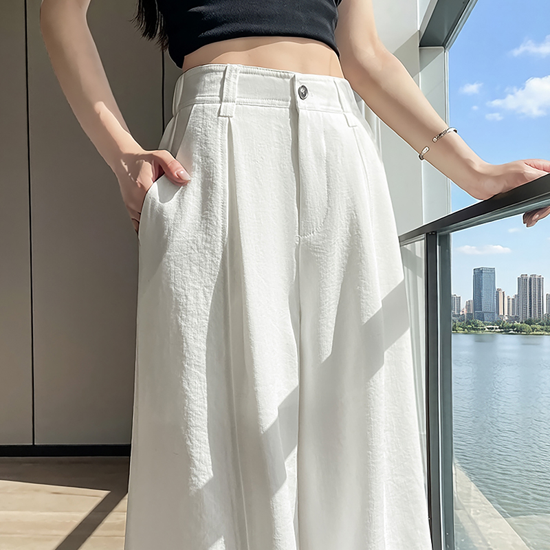 冰絲棉麻西裝闊腿褲女夏季新款高腰休閑褲垂感亞麻直筒拖地山本褲