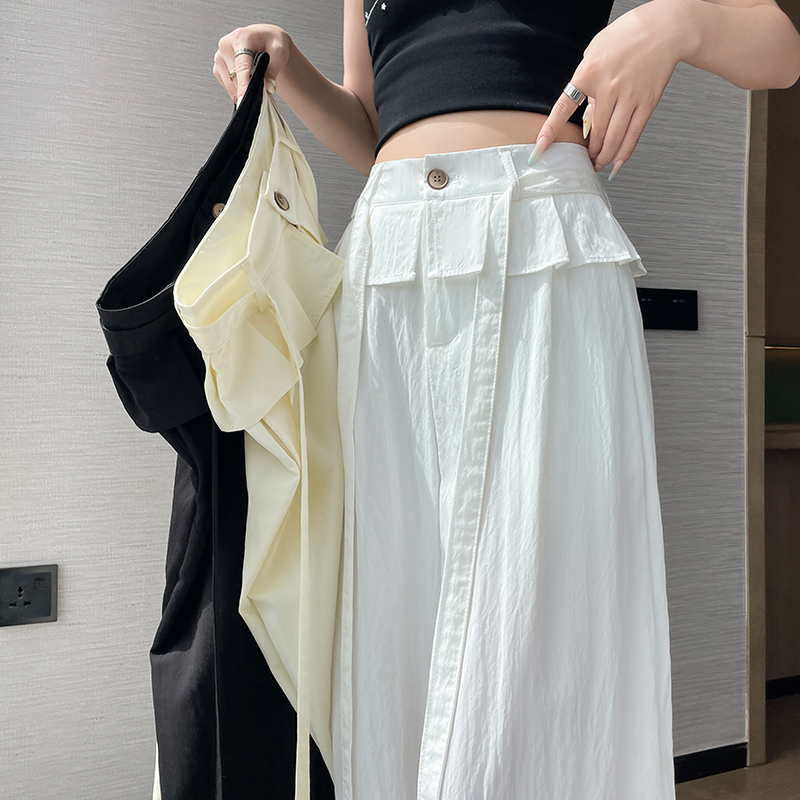 韓版假兩件拼接屁簾褲休閑褲女夏季冰絲闊腿褲垂感寬松顯瘦拖地褲