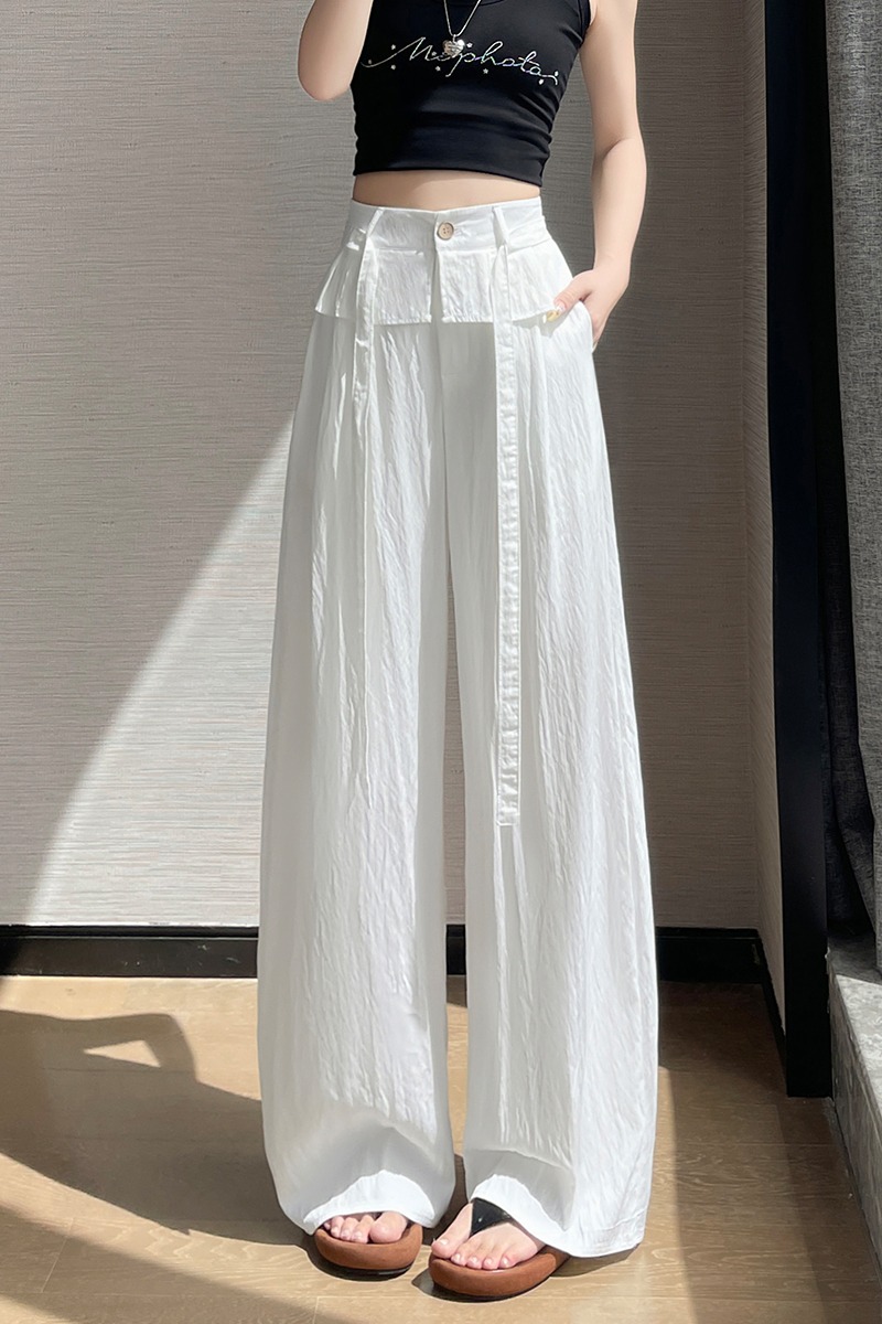 韓版假兩件拼接屁簾褲休閑褲女夏季冰絲闊腿褲垂感寬松顯瘦拖地褲