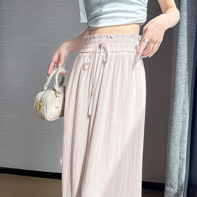 冰絲棉麻闊腿褲女夏季設計感木耳邊高腰休閑褲垂感慵懶拖地直筒褲