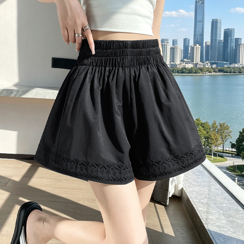 純色刺繡短褲女夏季外穿寬松顯瘦闊腿褲松緊高腰a字休閑百搭熱褲