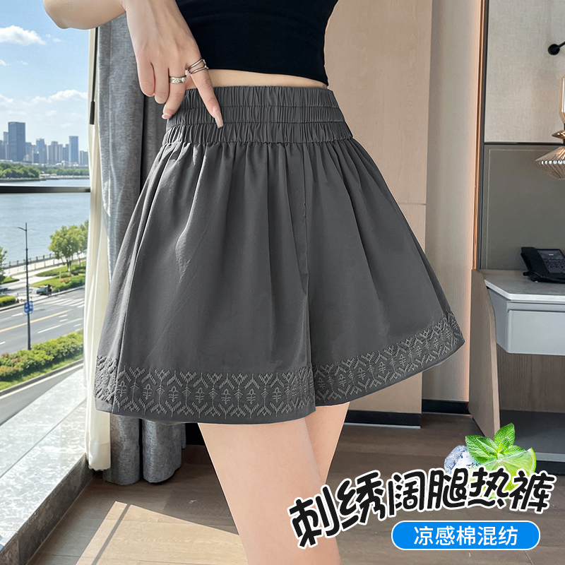純色刺繡短褲女夏季外穿寬松顯瘦闊腿褲松緊高腰a字休閑百搭熱褲