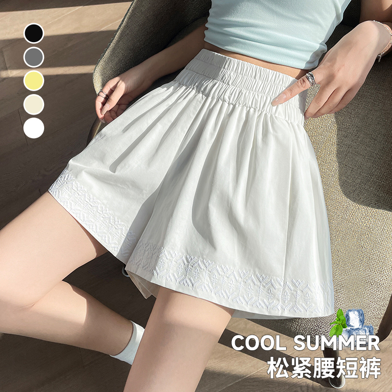 純色刺繡短褲女夏季外穿寬松顯瘦闊腿褲松緊高腰a字休閑百搭熱褲
