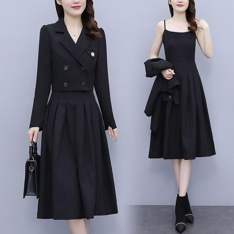 MY15376# 胖mm大码女装连衣裙新款遮肉法式西装套装吊带裙子两件套女...